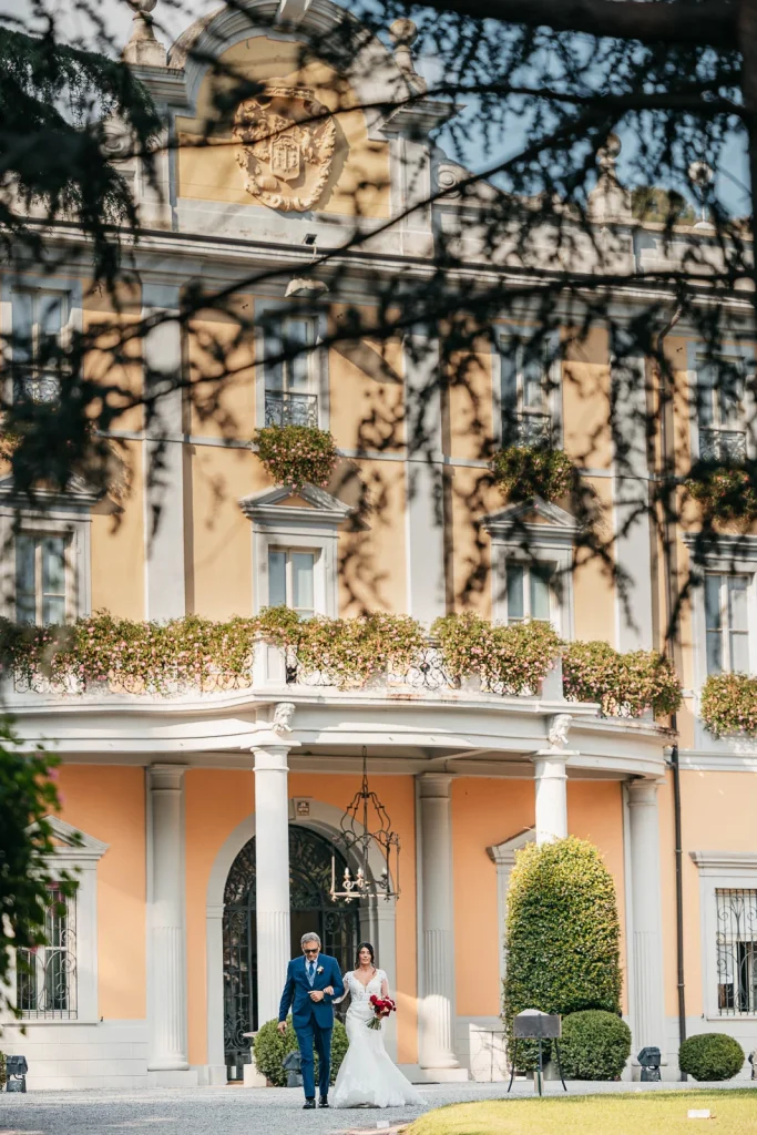 Exterior of Villa Acquaroli with floral wedding decorations