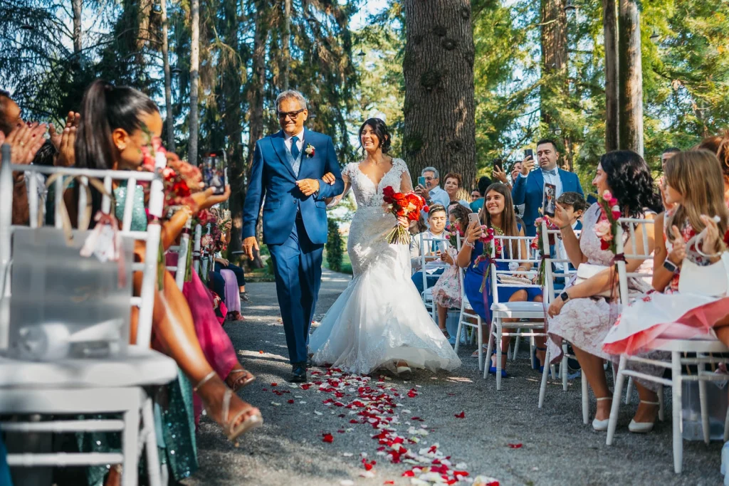 Bride and groom walking down the aisle after saying "I do"
