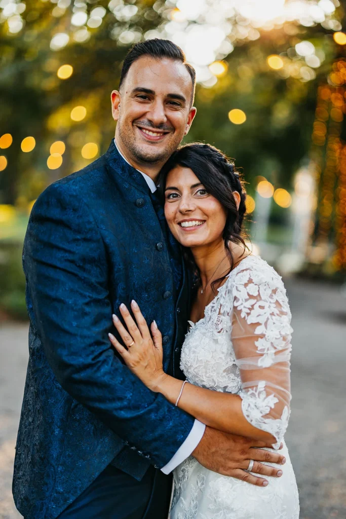 Bride and groom smiling during the wedding reception at Villa Acquaroli