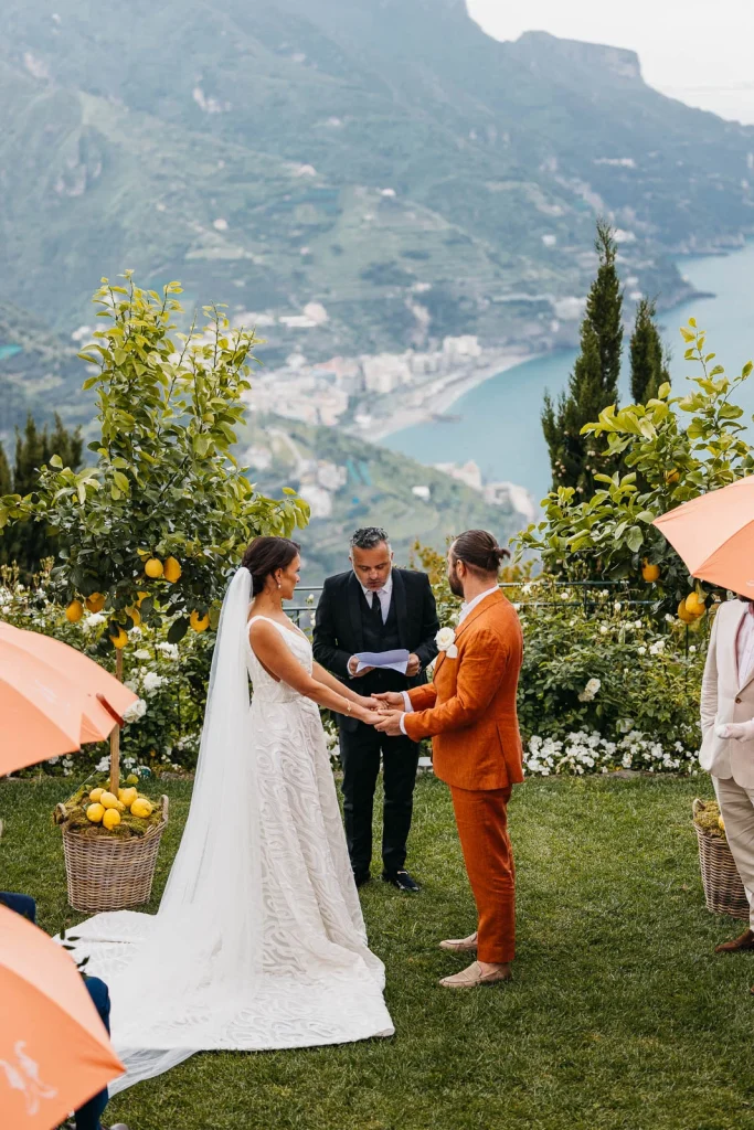 Ravello Wedding at Belmond Hotel Caruso – Amalfi Coast Destination Wedding 41 Bride and groom standing at altar with Ravello view in background