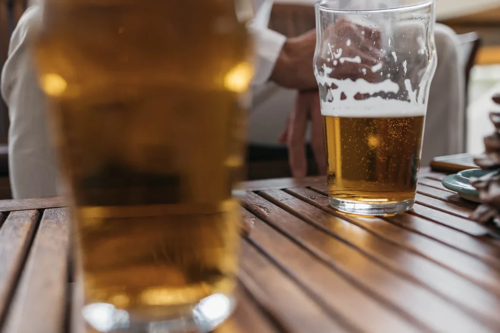 Ravello Wedding at Belmond Hotel Caruso – Amalfi Coast Destination Wedding 10 Beer glasses on a wooden table at the hotel bar