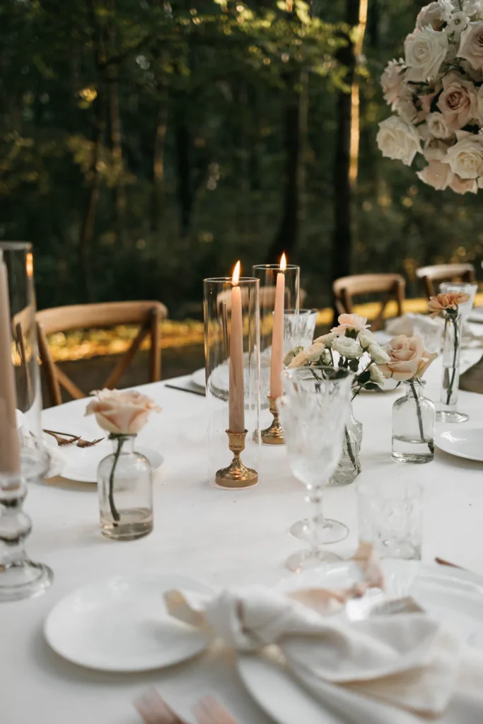 Close-up of wedding table setup with plate, menu, and linen napkin